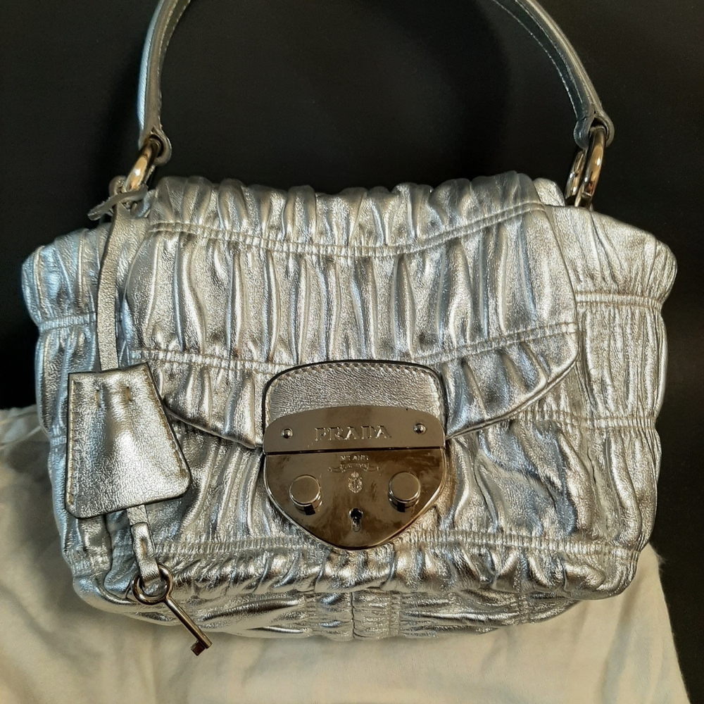 Prada Metallic Silver Textured Shoulder Bag